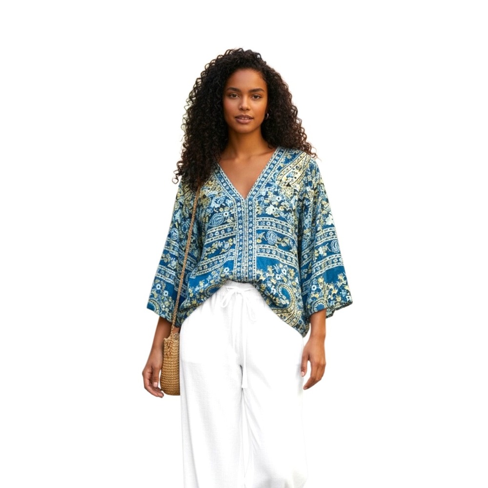 INC International Concepts Womens 6 Blue Yellow‎ Floral Paisley 100% Silk Blouse